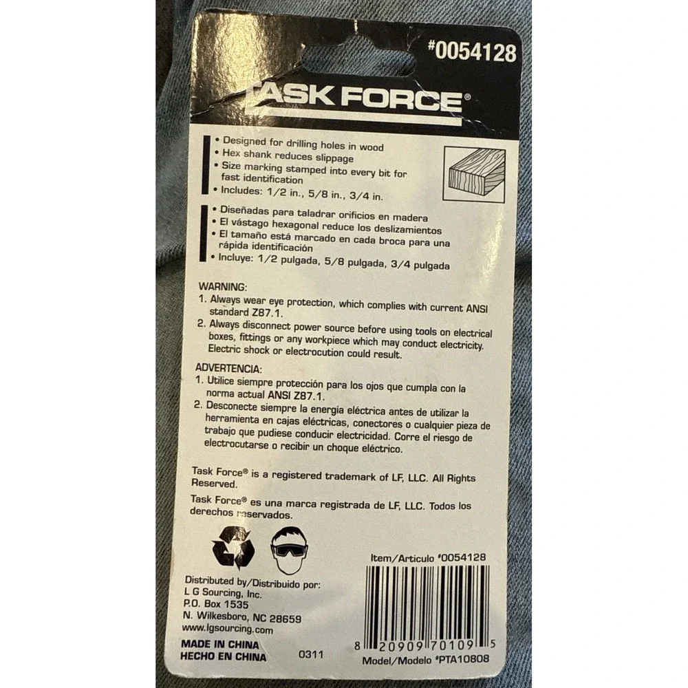 Task Force 0054128 - 3 Piece Wood Boring Spade Drill Bit Set - 3/4